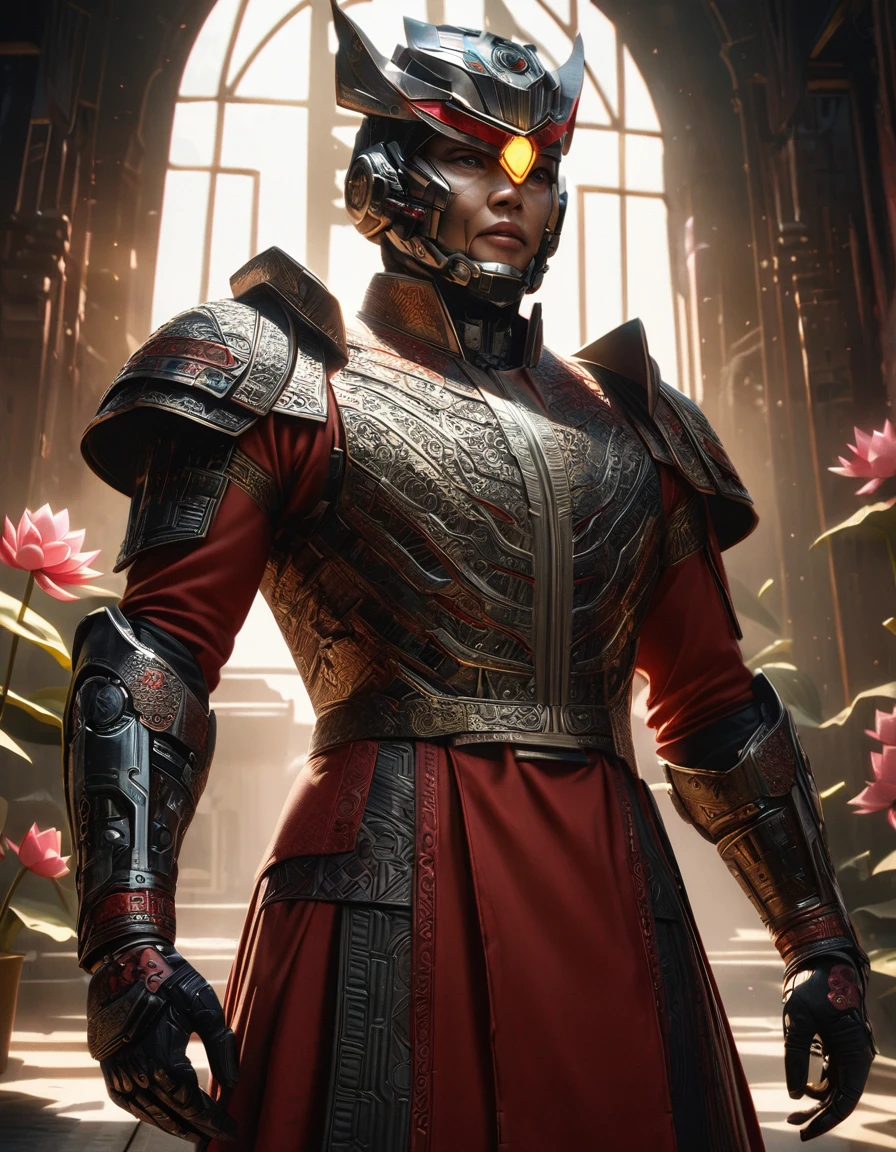 A detailed, cyborg-inspired kamen rider in traditional Vietnamese costume, intricate ornate armor, lotus flower motifs, dramatic lighting, highly realistic, cinematic, award-winning digital art, 8K, photorealistic, volumetric lighting, hyper detailed