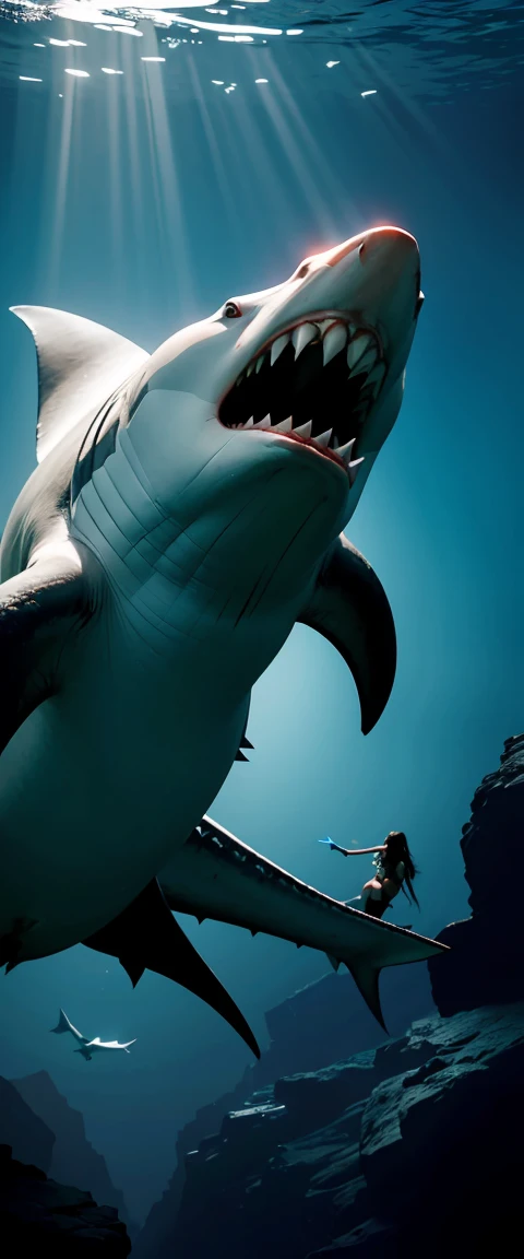 (highest quality, High resolution, super detailed, realistic, masterpiece, 8K), A female fisherman fights a huge shark, underwater photo, giant predator, sharp teeth, swim in dark water, Hunting prey, majestic and powerful, Powerful and streamlined body, smooth and agile movements, An ominous presence, dark and mysterious, Bright colors, subtle lighting, marvel at its beauty,