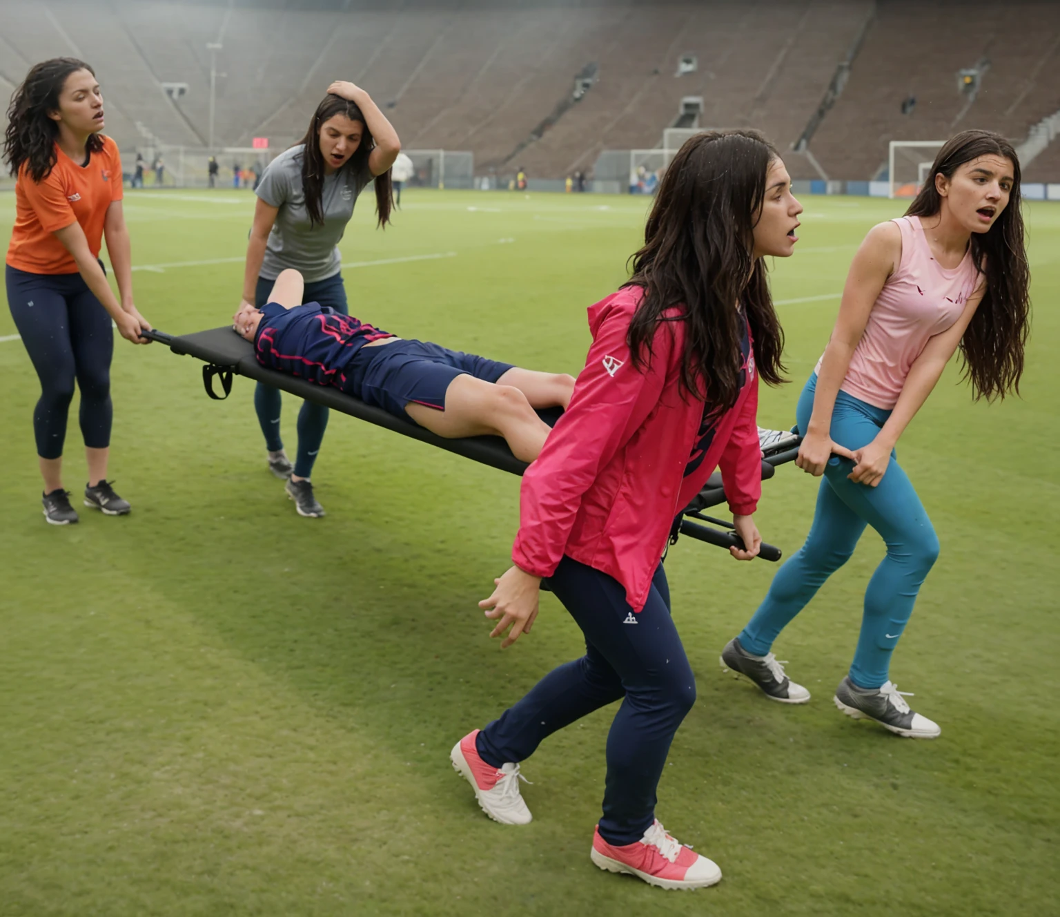 a soccer scene in a sports stadium, cool and wet weather conditions, humide ground, rainy sky, injury scene in a sports stadium, stretcher carry, there are four female medics carrying a stretcher, there are four female medics in very shiny coats who are carrying a stretcher in a sports stadium, there is a wounded male soccer player in a matte short cotton sports outfit lying on the stretcher, an injured male soccer player in matte cotton sportswear is lying in pain on a stretcher, a soccer player in matte cotton sports clothes is rearing up in intense pain while lying on a stretcher, dramatic scene, theatralic posing scene, dramatic pity scene, injury soccer, first aid, help, pity, there are four female medics in wetlook high-shine coats who are looking very sad and very terrified and very shocked, the injured soccer player is screaming out in pain while he is carried from the pitch on a stretcher