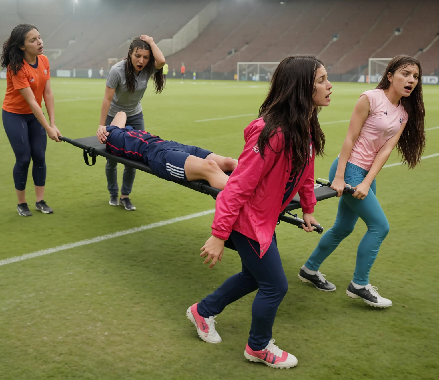 a soccer scene in a sports stadium, cool and wet weather conditions, humide ground, rainy sky, injury scene in a sports stadium, stretcher carry, there are four female medics carrying a stretcher, there are four female medics in very shiny coats who are carrying a stretcher in a sports stadium, there is a wounded male soccer player in a matte short cotton sports outfit lying on the stretcher, an injured male soccer player in matte cotton sportswear is lying in pain on a stretcher, a soccer player in matte cotton sports clothes is rearing up in intense pain while lying on a stretcher, dramatic scene, theatralic posing scene, dramatic pity scene, injury soccer, first aid, help, pity, there are four female medics in wetlook high-shine coats who are looking very sad and very terrified and very shocked, the injured soccer player is screaming out in pain while he is carried from the pitch on a stretcher 