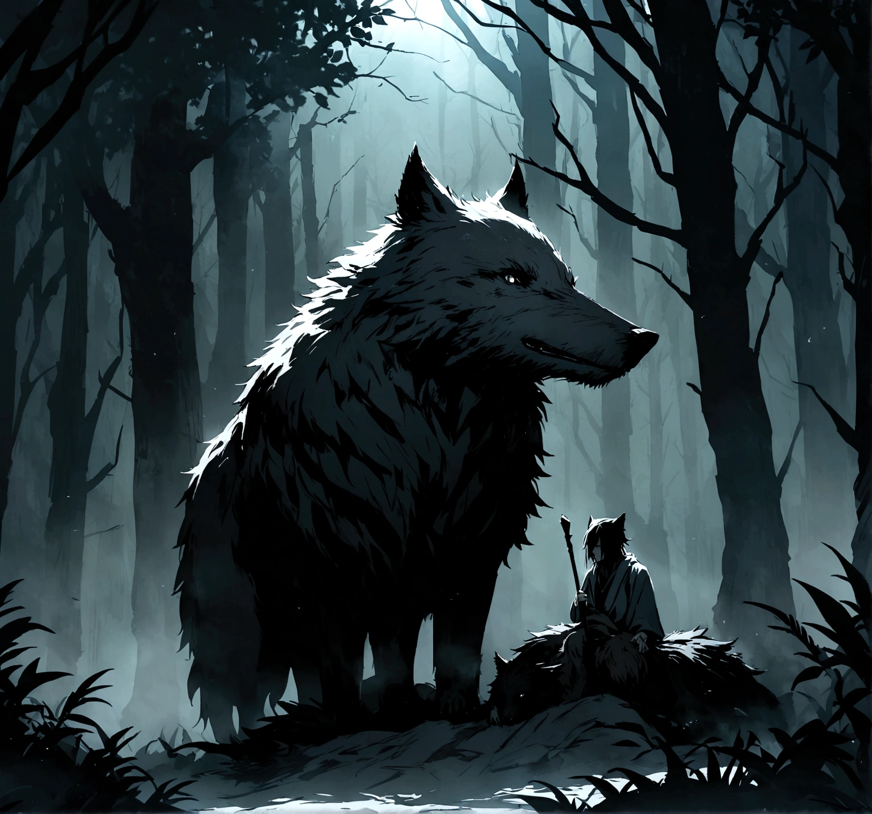 In the midst of a dark, misty forest, a creature with the body of a wolf and the face of a man rides astride wild boar. The creature's fur is a mix of black and gray, blending into the shadows around it. It holds a staff in its right han