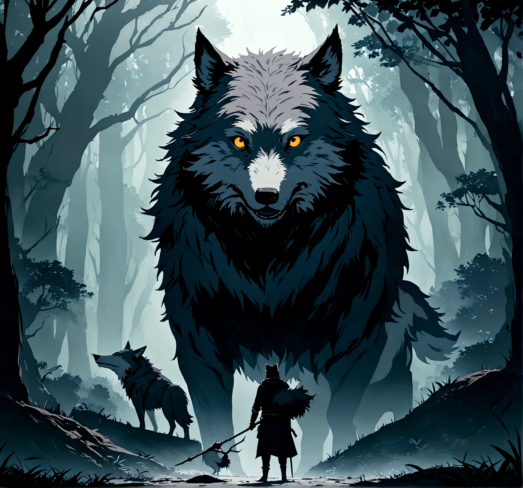 In the midst of a dark, misty forest, a creature with the body of a wolf and the face of a man rides astride wild boar. The creature's fur is a mix of black and gray, blending into the shadows around it. It holds a staff in its right han