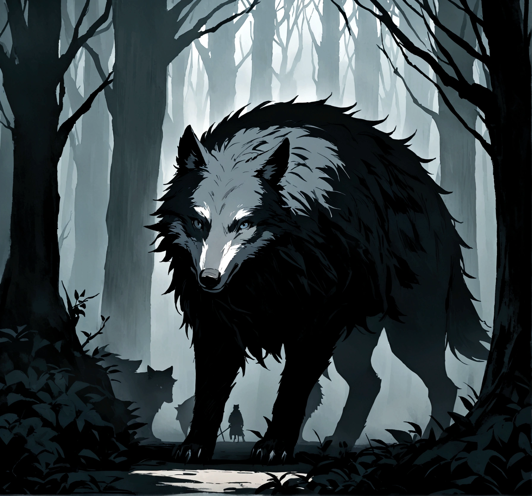 In the midst of a dark, misty forest, a creature with the body of a wolf and the face of a man rides astride wild boar. The creature's fur is a mix of black and gray, blending into the shadows around it. It holds a staff in its right han