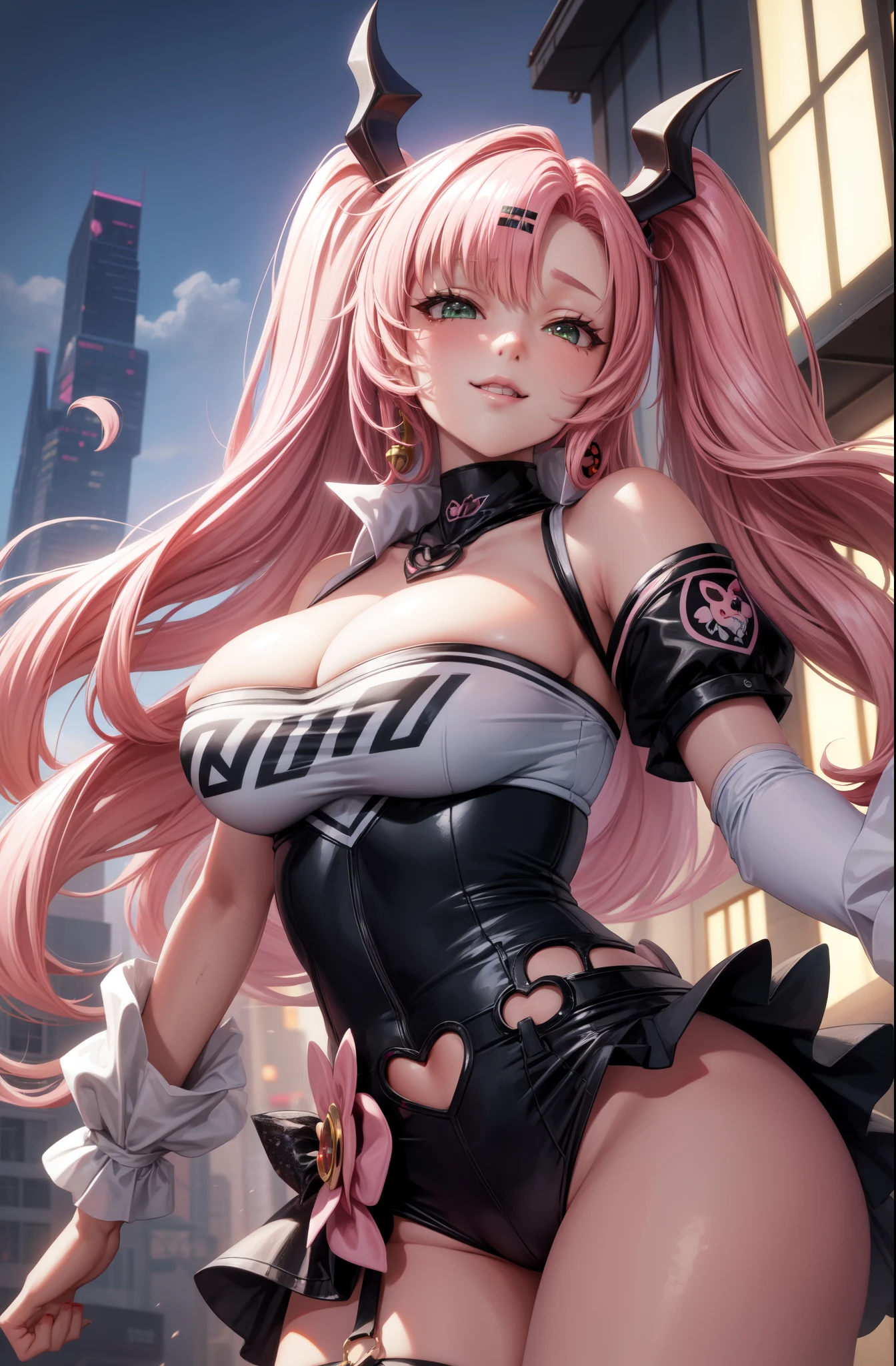 big lips, pink hair, pink eyes, japanese face, gyaru, huge breasts, wide hips, sexy, pink theme, kawaii, detailed, decora, bangs, grin, gyaru outfit, kawaii, pink and black outfit,, horns, cute succubus, small succubus wings, winking, eye wink, , twin tails, winky face, , nicole demara, cityscpe, city scape, city background, nicole zzz, zenless zone zero, from below, perfect angle, HD quality, 8k, green eyes