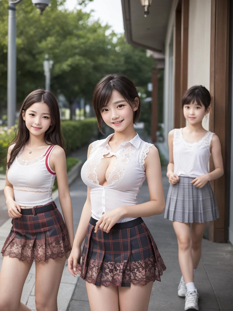 Highest quality、masterpiece、8K、Very detailed、Realistic、(Young face:1.2)、(Looks like an elementary school kid:1.2)、3 people、Looking at me with a smile、whole body、(Big Breasts)、Thin and beautiful legs、Tight and slim waist、Lace tight sleeveless shirt、Micro Skirt、Short Hair、Erect nipples