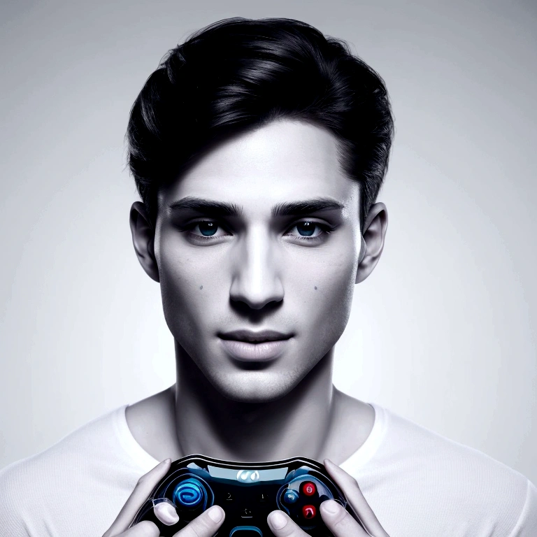 a man black (8K, 4K, best quality, high resolution: 1.2), (Masterful, realistic, Photorealistic: 1.4), 1 man, 30 years old, Alone, handsome face, eyelashes, nose, glossy lips, (Beautiful eyes, viewer, clear skin, white skin: 1.5), Fine complexion, , Create a professional and creative logo for the company "C2" (Controle Dois). The logo should include a happy player with medium to dark brown skin, holding a video game controller in one hand and offering a second controller to the viewer, breaking the fourth wall. The scene should include a hot cup of coffee. The facial expression should convey joy and fun. **Specific Details:** - **Style:** Professional and modern - **Color Palette:** Vibrant, with blue, green, and other colors representing fun and technology - **Text:** Include the name "C2" prominently and stylishly - **Layout:** Balanced, with the character and text well-integrated - **Usage:** Website, social media, and printed materials