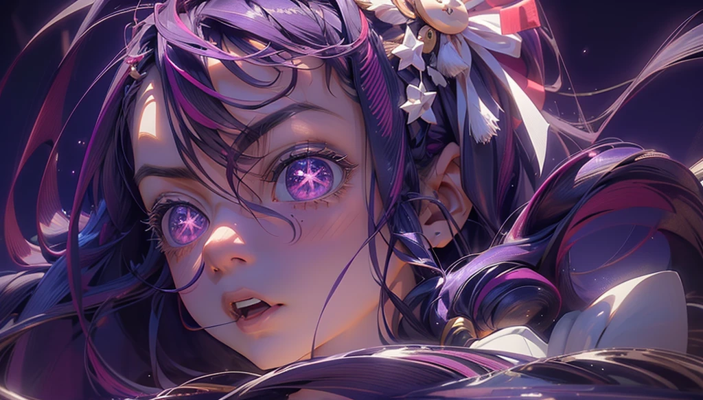 Hoshino Ai, long hair, purple hair, streaked hair ,purple eyes, star-shaped pupils, hair ornament,