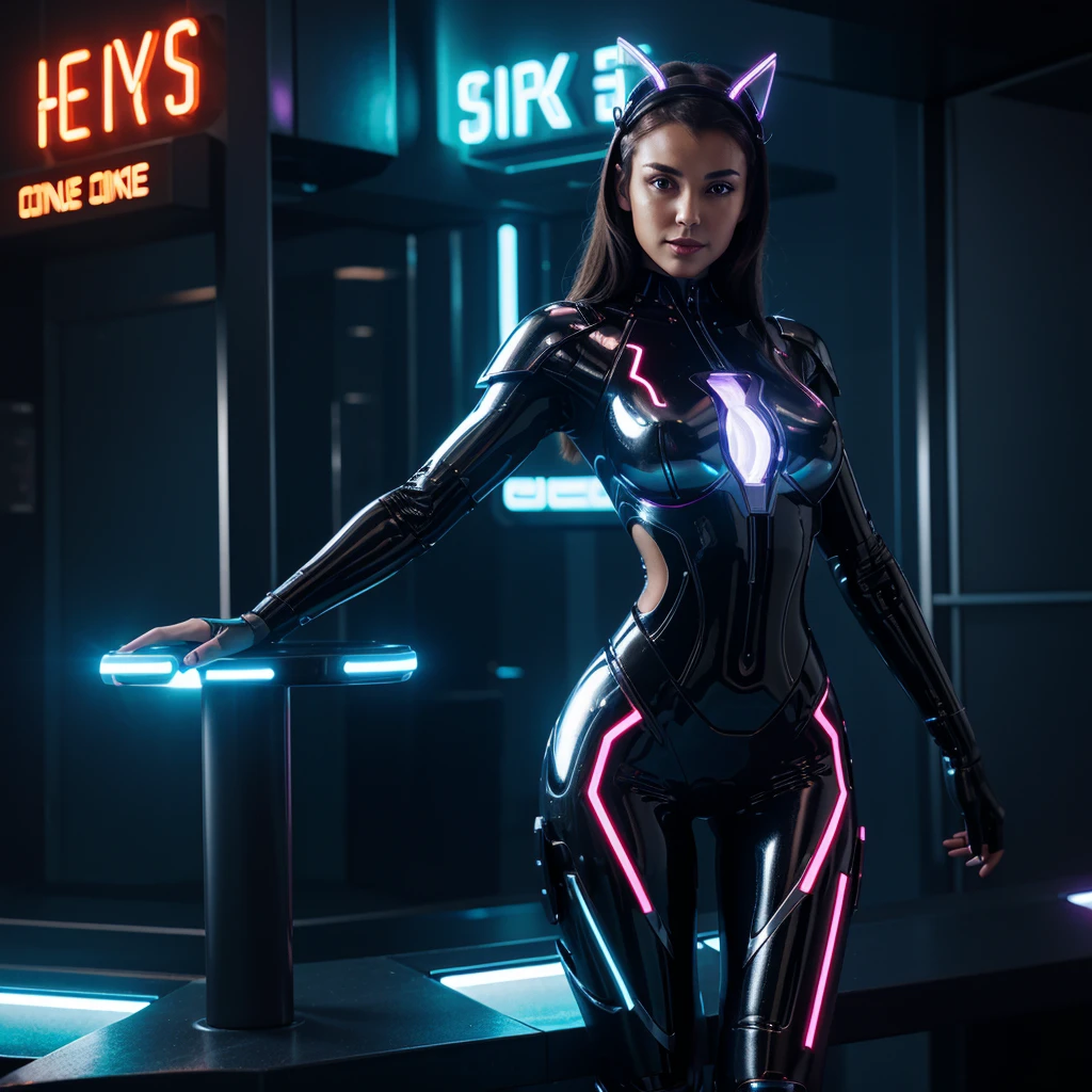 A full-body portrait of a seductive female cyborg, highly detailed and realistic, in a high-tech headpiece with glowing elements and metallic lines. She has a sleek, attractive figure and a confident pose, with one hand on her hip and the other slightly extended forward. She is wearing a form-fitting suit made of a mix of metal and fabric, with LED inserts, emphasizing her curves. The background features a futuristic cityscape with neon lights. Her face is incredibly beautiful with large, glowing eyes and a slight, enigmatic smile.
