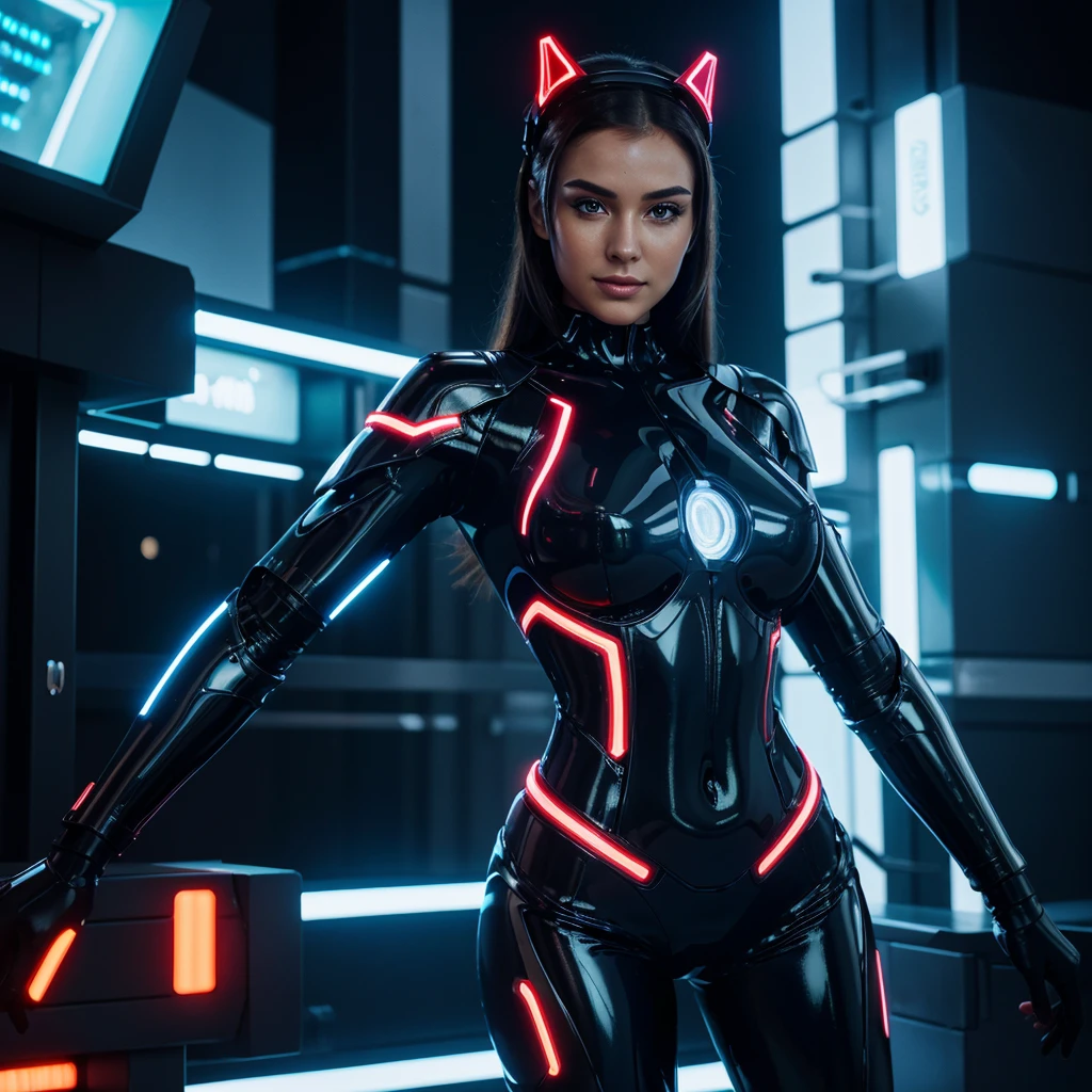 A full-body portrait of a seductive female cyborg, highly detailed and realistic, in a high-tech headpiece with glowing elements and metallic lines. She has a sleek, attractive figure and a confident pose, with one hand on her hip and the other slightly extended forward. She is wearing a form-fitting suit made of a mix of metal and fabric, with LED inserts, emphasizing her curves. The background features a futuristic cityscape with neon lights. Her face is incredibly beautiful with large, glowing eyes and a slight, enigmatic smile.