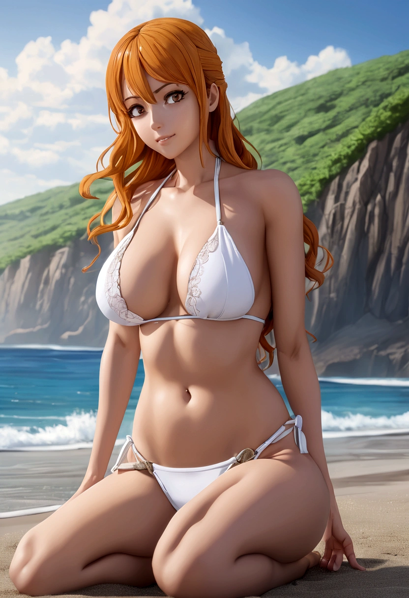 nami, full body, white bikini, sit on the beach, open legs, micro thong, big breast