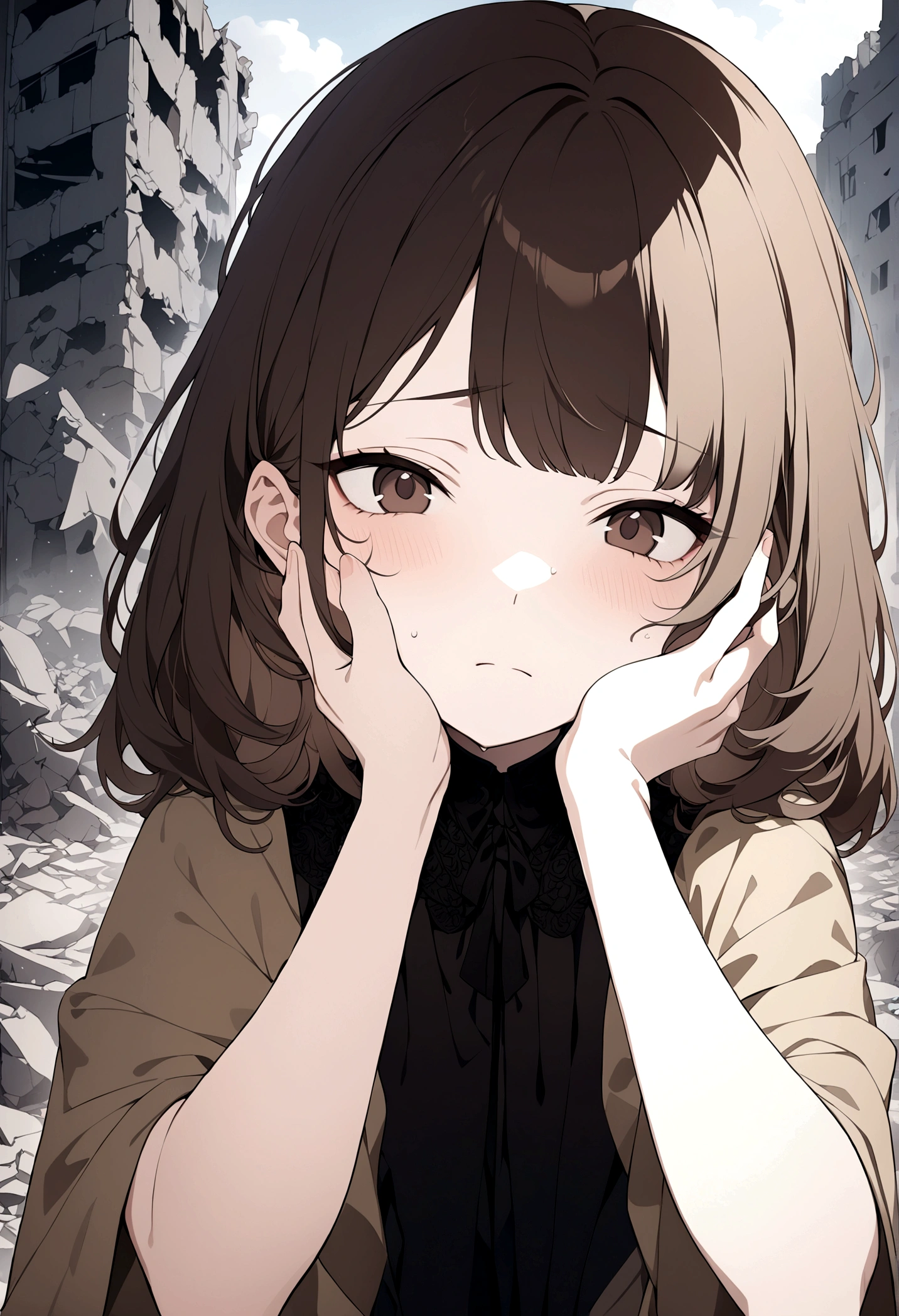 (Masterpiece, 32k, 8k, image focused on the character's face), young girl, 13 years old, tired expression on her face, dark brown hair, dark brown eyes, two hands of another character touch her face, character facing the viewer, background ruins