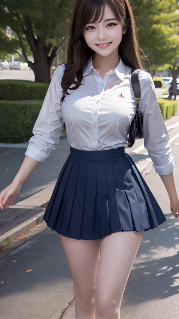 Highest quality、Highest quality、Highest pixels、Brown Hair、long hair、masterpiece、.Big breasted、See details. Ultra-high resolution. Japanese、One young woman、uniform、high school 、high school girl、mini skirt、Real、Realistic、smile、