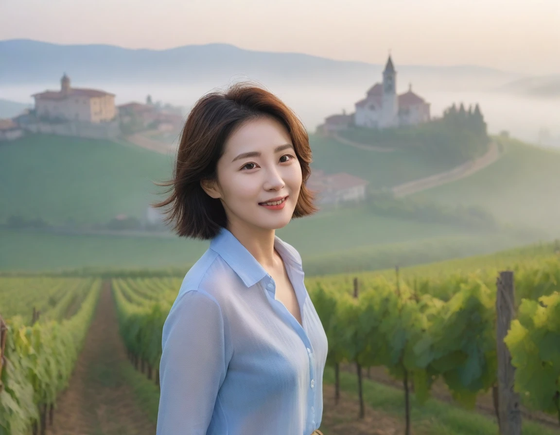 k Best picture quality, Beautiful 36-year-old Korean woman, short and good weather. Chest size 34 inches, dense fog at dawn in the italian countryside, Past the vineyards, a cathedral can be seen through the fog on a hill in the distance., Back background realistic and vivid image quality, Short and medium hair blowing in the wind, Wear comfortable travel clothes, smile slightly. The background is clear, Short and slim Korean woman, Standing in the distance, photographed with a wide-angle lens