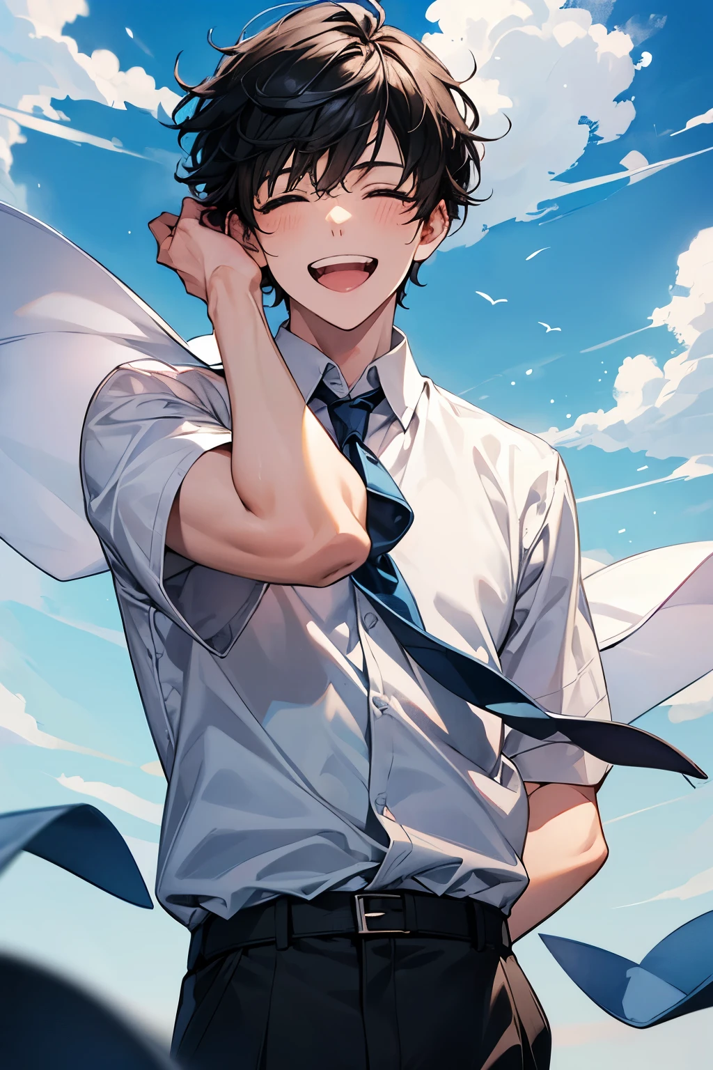 (Mastepiece), (Best Quality), Very detailed, (1 boy:1.5)，Shooting from below、Solo Shooting，Perfect Face, Beautiful Face, Very detailed顔，(Black Hair:1.3)，(short hair:1.3)、(Happy Face:1.4)，(Laughing with your mouth open:1.3)，(White shirt:1.4)、(Hair blowing in the wind:1.4)，The atmosphere that seems to disappear，(blue sky_cumulonimbus)、summer、ephemeral、Sweat