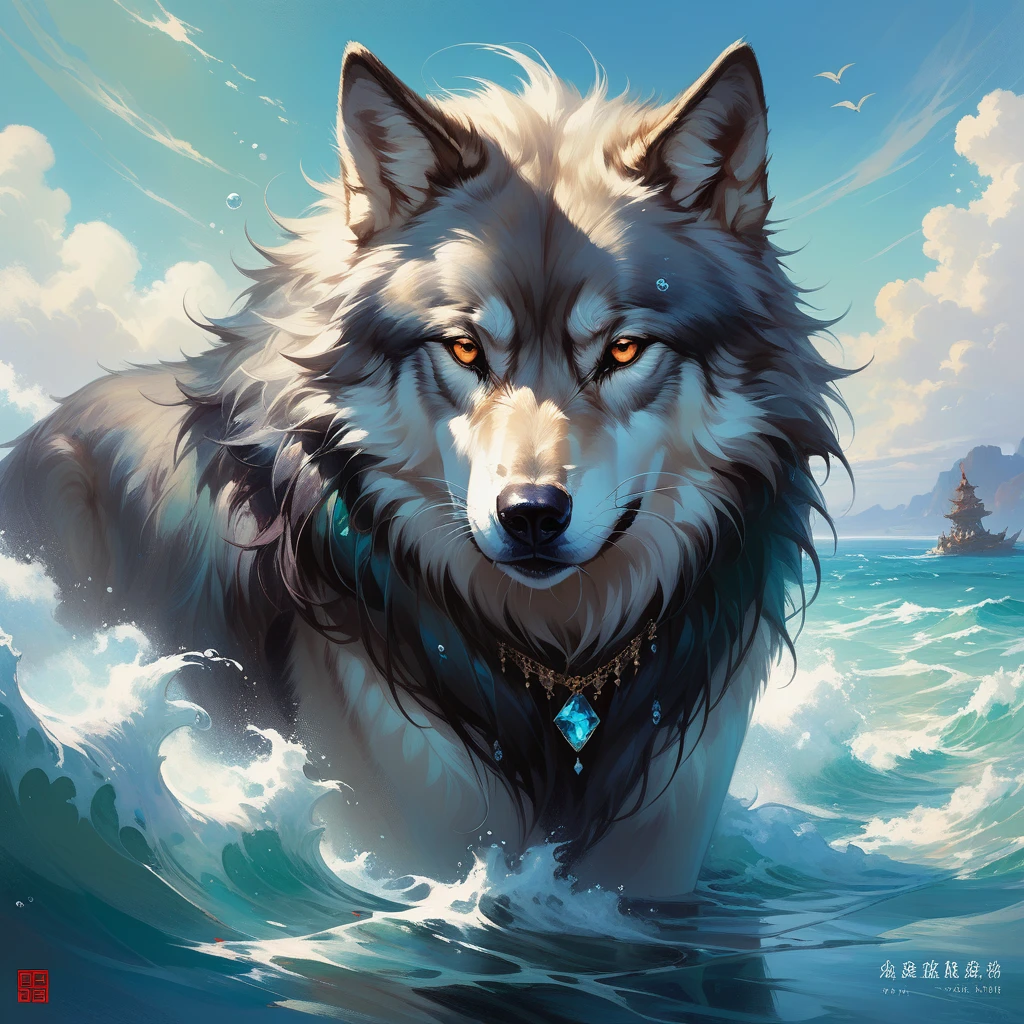 Wolf,Wolf cloak,Luan Jia,Pino Daeni,Dark Gem,An anthropomorphic muscular male wolf, (Detailed face), (Fluffy fur with attention to detail)mermaid、Swimming in the ocean、