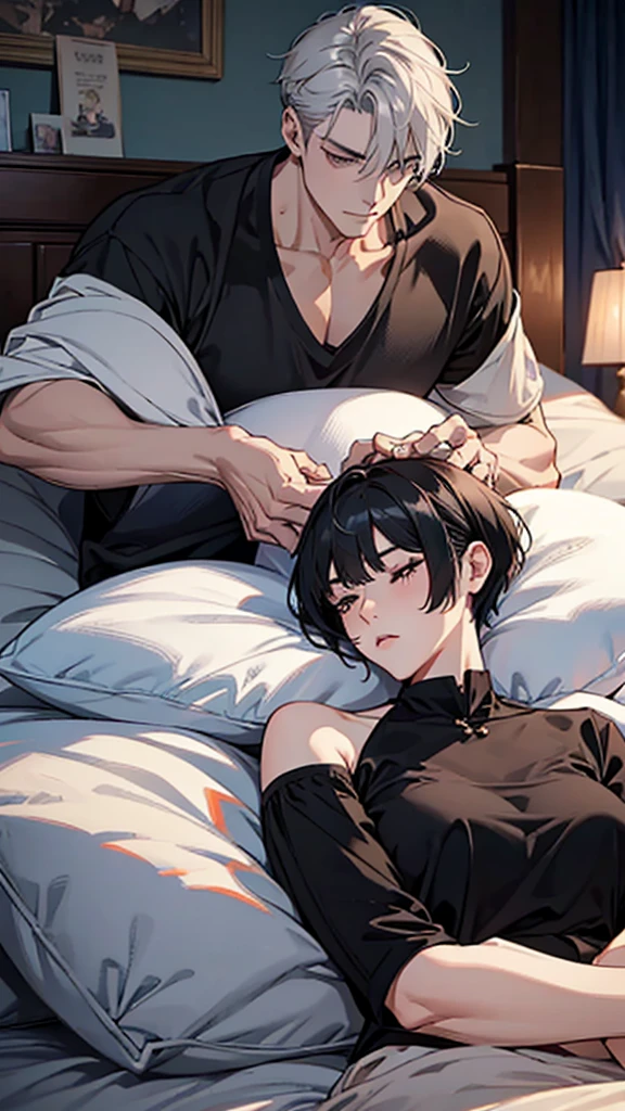 A tall man with short grey hair and a tough look、A girl with black hair, a bob and big breastan and woman lovers、Sleeping together in bed、Age Difference、love story、Uncle and 、Height difference、Wrist pillow