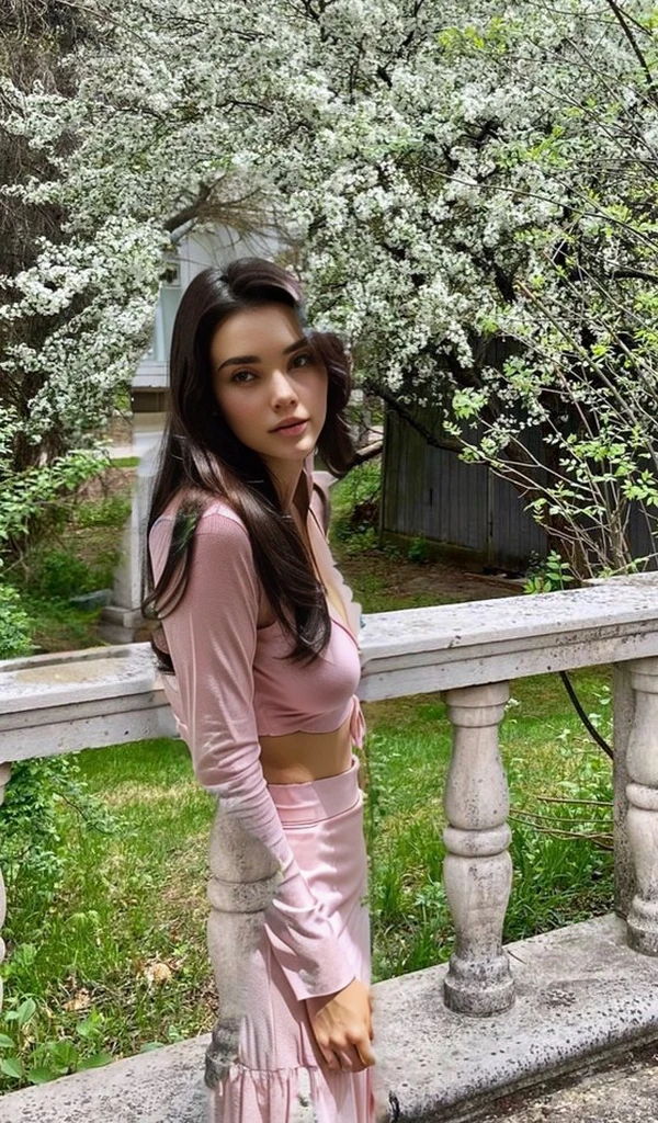 dark hair girl, pink elegant clothes, large breast, ultra réaliste