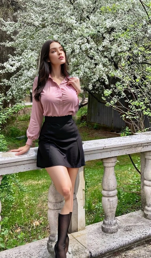 dark hair girl, pink elegant clothes, large , ultra réaliste