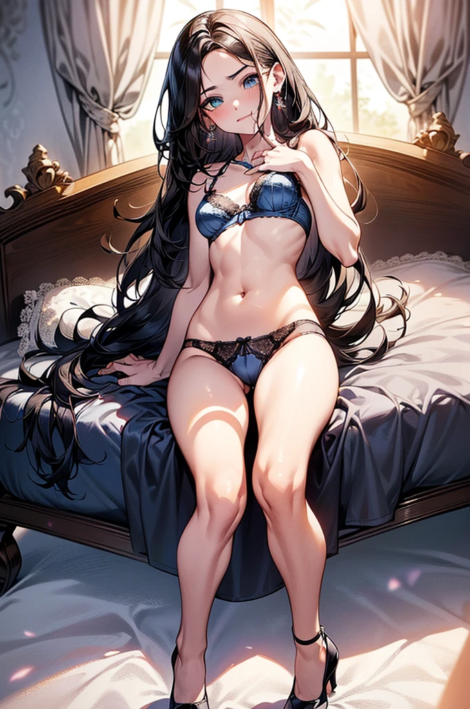 ((Biologically correct limb count)),((Natural finger shape)),((Full Body Shot,Including face)),Standing position,4K,masterpiece,((Focus on the face)),((Symmetrical facial features)),Eye for detailed depiction,Beautiful woman,Excellent style,Beautiful feet,(Small Ass,Thin thighs),(Patterned black stockings,High heels),Facial detailing,Small earrings,necklace,Low angle photo,((Light blue lace bra and lace panties)),Lying in bed,(((A facial expression of pleasure))),((Hands lifting from under your chest)),(Face the camera),Photograph the side of the body,focus on the crotch,Long Hair