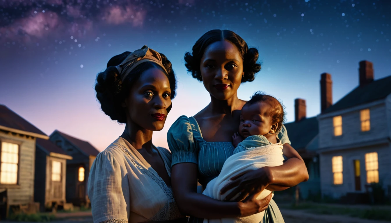 A vibrant town called Meridian in the 1930s with a black midwife holding a newborn baby boy, Jessie, under southern skies. Three black sisters and a black brother standing nearby, cinematic action, cinematic lighting, backlighting, masterpiece, anatomically correct, textured skin, super detail, 8k atmospheric perspective, depth of field,