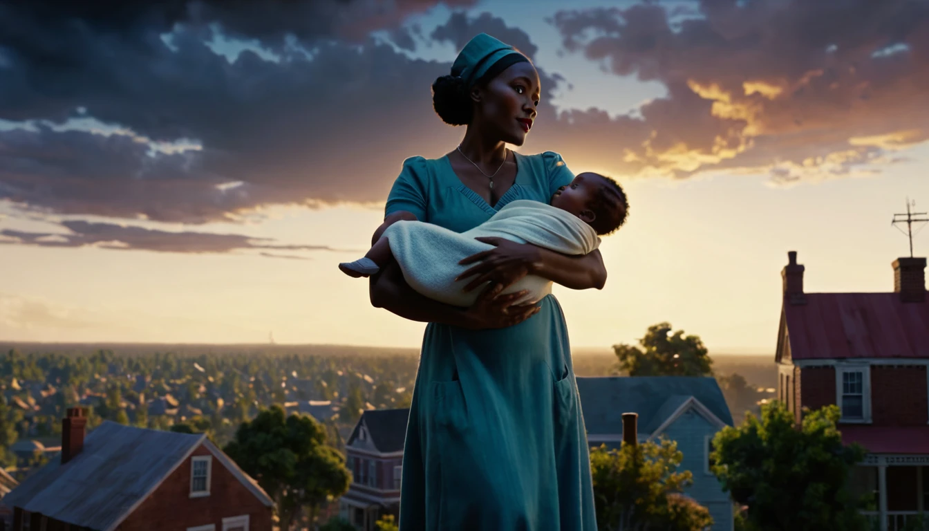 A vibrant town called Meridian in the 1930s with a black midwife holding a newborn baby boy, Jessie, under southern skies. Three black sisters and a black brother standing nearby, cinematic action, cinematic lighting, backlighting, masterpiece, anatomically correct, textured skin, super detail, 8k atmospheric perspective, depth of field,
