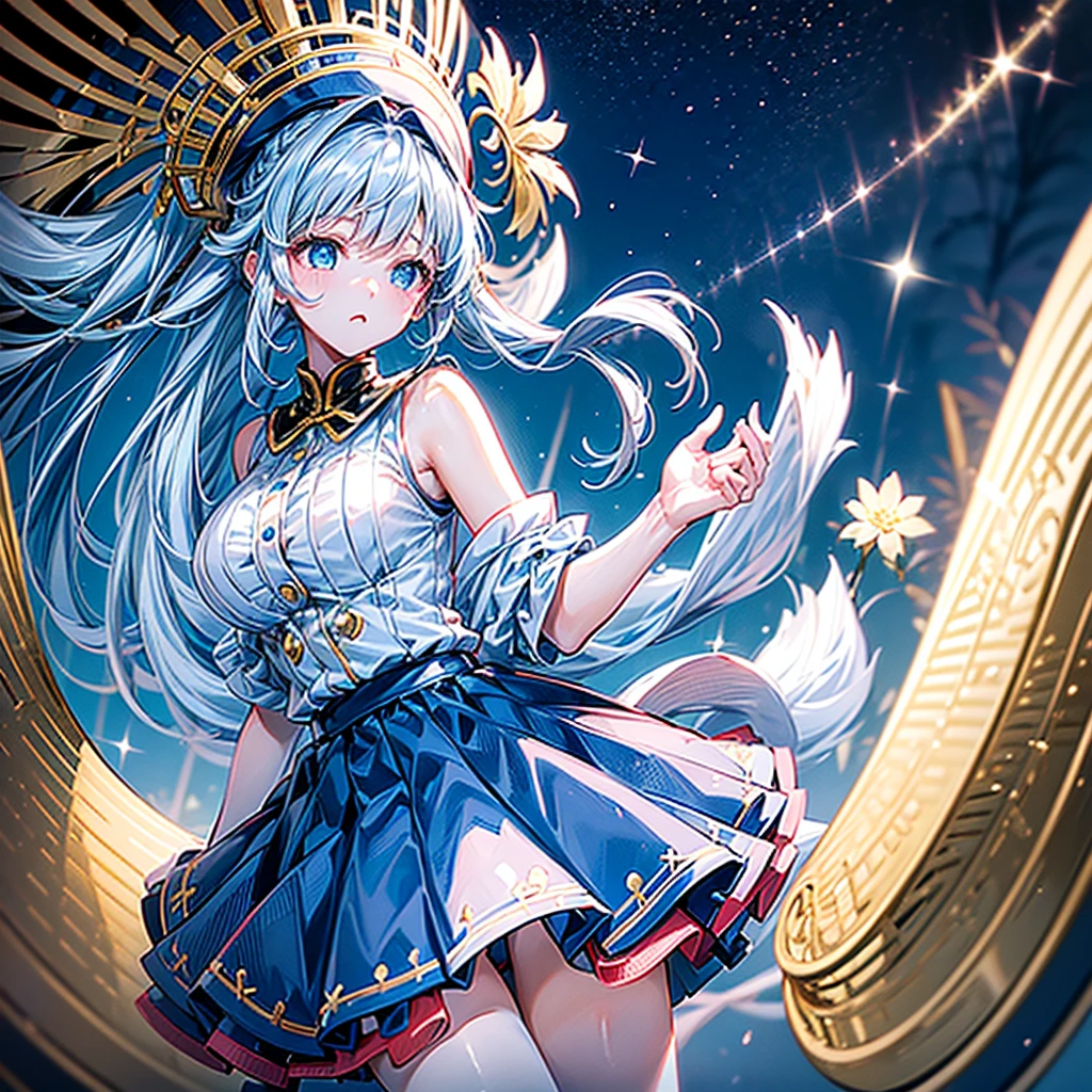 1girl、Dynamic composition、marching band、(((Masterpiece、Highest quality、Official Art、Super detailed、Handsome face、Dynamic composition)))、Anime Style、(Milky white and blue hair:1.3),(blue eyes:1.4),(Bright colors:1.4),((Asanoha background:1.3)),, marching bandのユニフォームを着たクールな女の子, marching band hat、mini skirt, Frills, Black and white with gold embroidered flag held in both hands,（background:Large red flag on the back with gold floral embroidery, Note, )、euphonium、Huge Flag、X composition