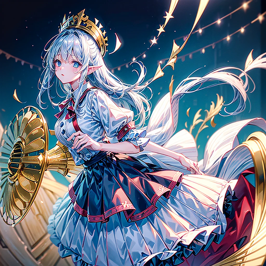 1girl、Dynamic composition、marching band、(((Masterpiece、Highest quality、Official Art、Super detailed、Handsome face、Dynamic composition)))、Anime Style、(Milky white and blue hair:1.3),(blue eyes:1.4),(Bright colors:1.4),((Asanoha background:1.3)),, marching bandのユニフォームを着たクールな女の子, marching band hat、mini skirt, Frills, Black and white with gold embroidered flag held in both hands,（background:Large red flag on the back with gold floral embroidery, Note, )、euphonium、Huge Flag、X composition
