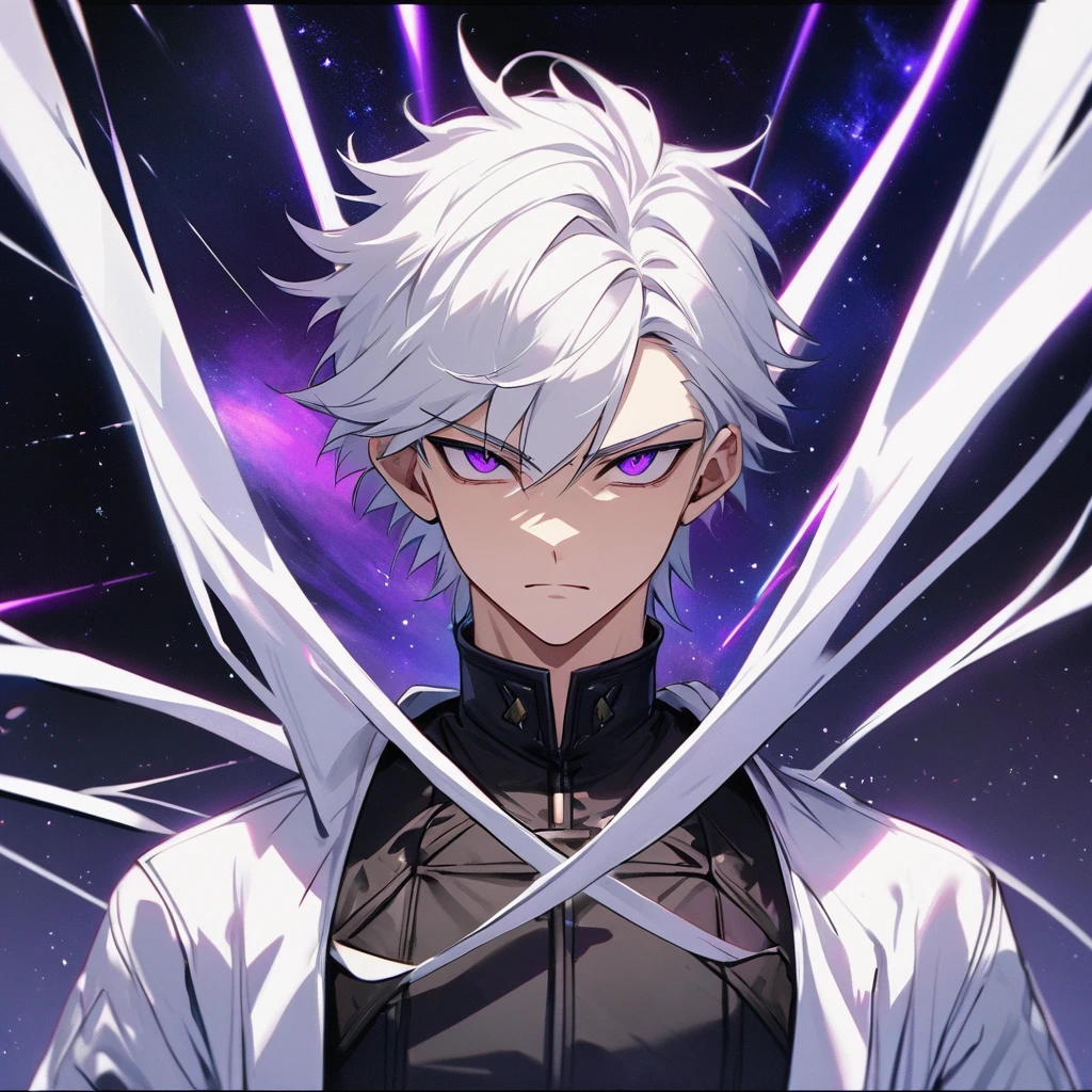 High quality, HD, 4k, no shadows, handsome male, 1male, , teenager, go lining, short white hair, sharp eyes, dark purple eyes, deep purple eyes, devil may cry, close up, calm expression, stoic expression, black leather clothes, white leather clothing, lean body, well trained body, upper body, looking at viewer, cowboy shot, white solar, space background