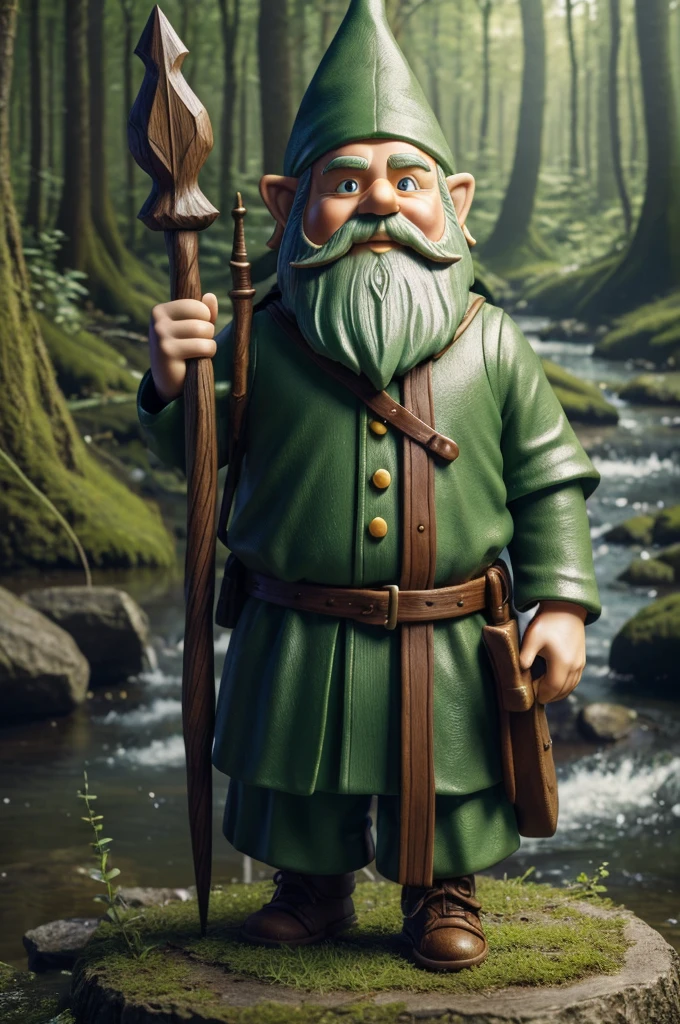 ((best quality)), ((masterpiece)), (detailed), perfect face Green gnome, with wizard staff, short, background forest next to a river, gnome has a backpack, serious face but joyfull. Short gnome guy