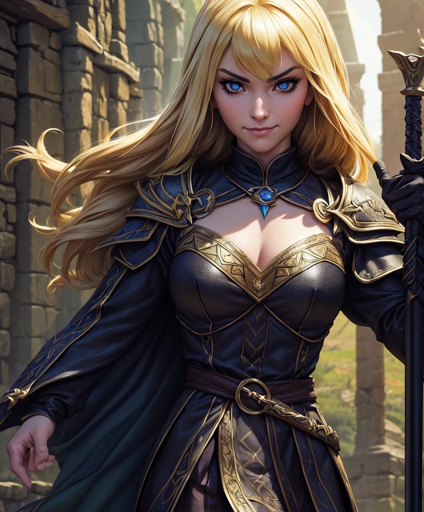 (((Luxurious shoulder length blond hair and cute smirk.))) (((18 years old.))) (((18yo.))) (((Single character image.))) (((1gir))) Looks like a powerful female wizard for Dungeons & Dragons. (((She looks like a dark adn sexy sorceress for a dark fantasy setting.))) Looks like a sexy female wizard in a medieval fantasy setting. Looks like a dangerous female wizard in a medieval fantasy setting. Single female character portrait, fantasy artwork, fantasy attire, fantasy clothes, (((tight clothing))), mysterious, sinister, athletic body, gymnast body, (((intense glare))), (((medieval clothing))), arched eyebrows, sassy, (((gorgeous face))), sneaky, sly, attractive, sexy, youthful, (((suspicious gaze))), firm chest, arrogant, beautiful body, hyper detailed, trending on artstation, (((Dungeons & Dragons))) pathfinder, skyrim, lord of the rings, game of thrones, character portrait, intricate details, ultra detailed, ultra detailed clothes, epic masterpiece, intricate details, trending on Artstation, digital art, unreal engine, 8k, ultra HD, centered imagebest quality:1.0,hyperealistic:1.0,photorealistic:1.0,madly detailed CG unity 8k wallpaper:1.0,masterpiece:1.3,madly detailed photo:1.2, hyper-realistic lifelike texture:1.4, picture-perfect:1.0,8k, HQ,best quality:1.0, ,