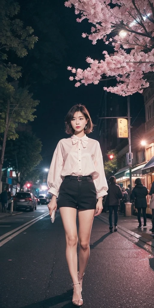Beautiful woman, street at night with lights, fiddling with smartphone, hot pants, fragrant pink flowers, passers-by, gradation of night scene, fine details, subtle tones, tranquility floating on the screen.