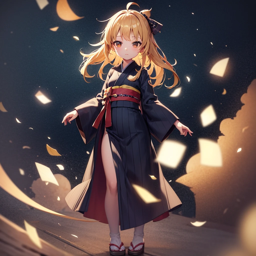 ((yukata)),(Lolita Fashion),Cute little ,Tiny ,Small girl,,Childish face, Very fine clean face,Top quality,Straight Hair,Yellow hair,(Dark Room), Subtle light, Natural light,Soft lighting,Light from directly behind,(Open your hands), (Are standing),Front view,Black background