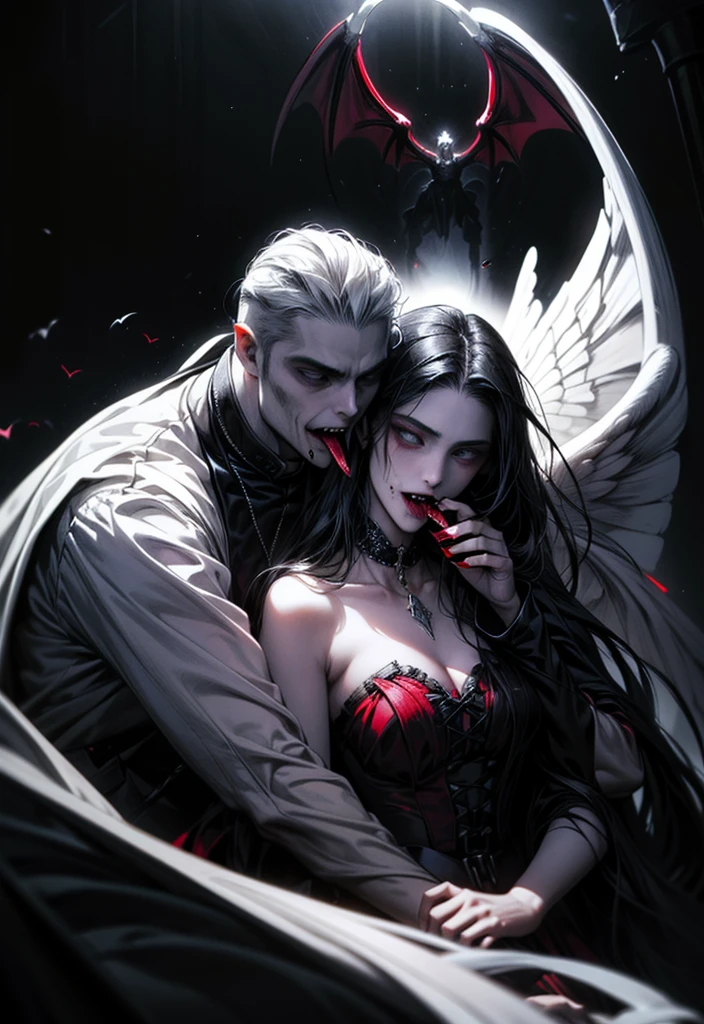 (masterpiece, top quality, best quality, official art, beautiful and aesthetic:1.2), extreme detailed, (fractal art), (black and white:1.5), (a vampire girl biting a neck of angel man in all black:1.5), (embracing), (tragic), large angel wings, dynamic angel, long hair flowing, occult, (oil painting), gloomy, holy, black background, side view