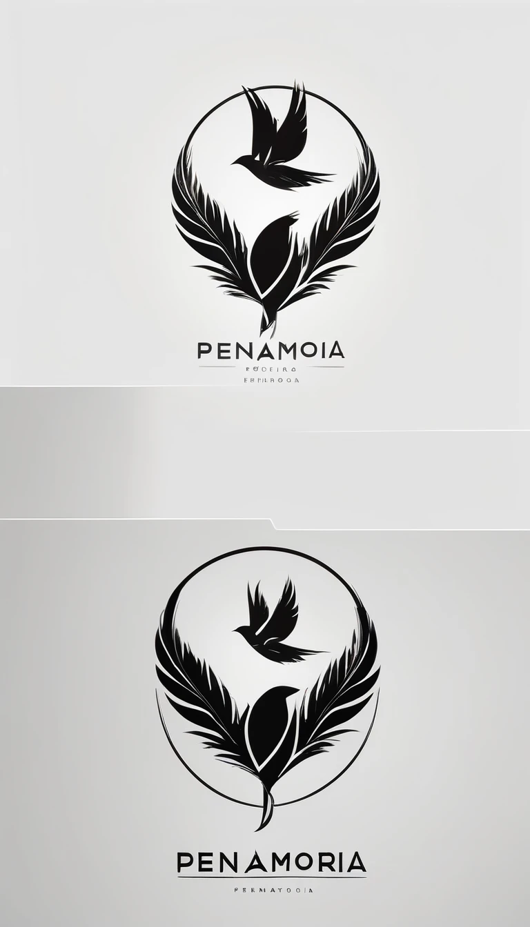 A minimal, modern, simple, cinematic logo design for the brand “Penamemoria". Create a modern, minimalistic, high-quality, logo of a feather-bird