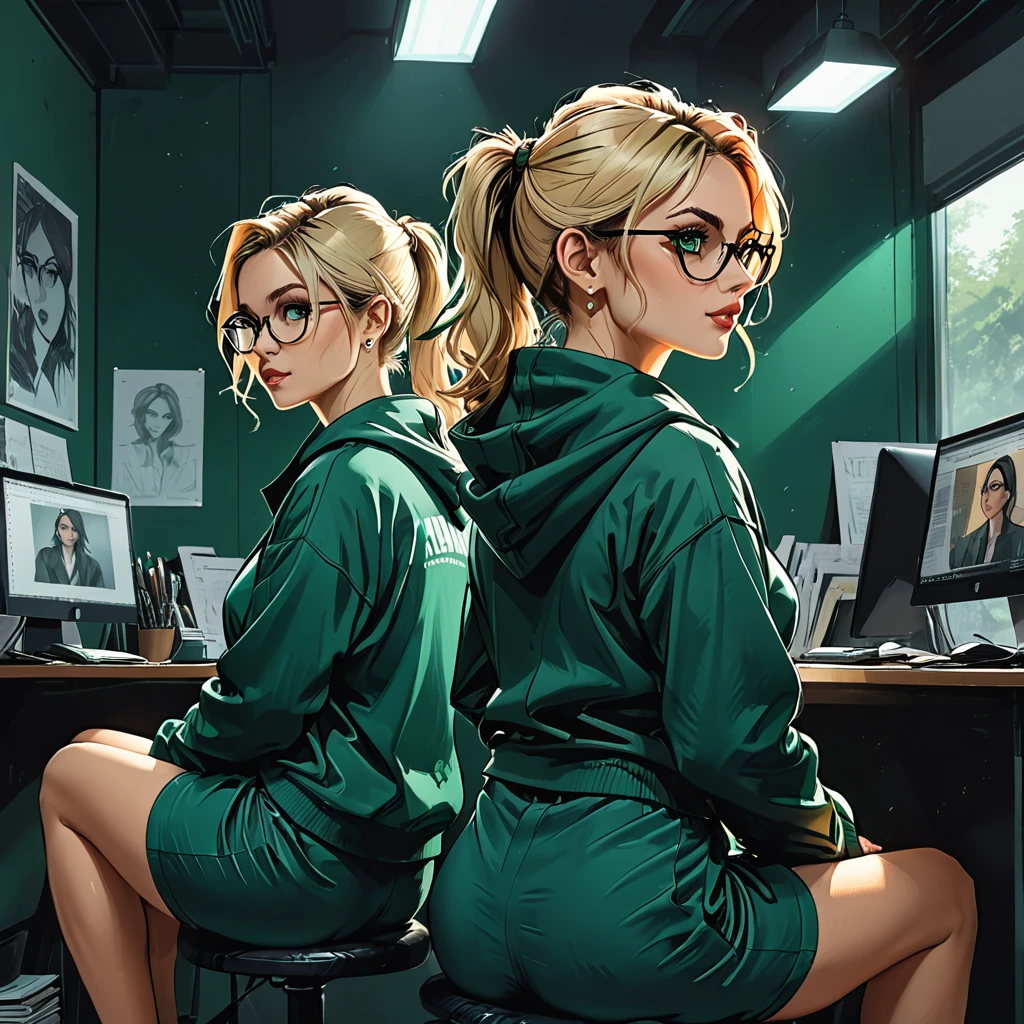 dramatic angle, unique perspective, (2 girl), (((foreground back view girl))\Short blonde Waves pixie hair in \Blue oversized hoodie \sitting back to viewer, \no face), (((background front view girl))\in a classic dark green suit with \round glasses and a \white shirt with \Long Sleek Straight Ponytail Slicked back black Hair and \green eyes \Hawk long Nose \Long and Diamond type Face \sitting facing viewer), (detailed background, dynamic composition), (expressive faces),
at dark green office,
look at each other, ((look at the side)),
graphic style of novel comics,dark novel, 2d, 8k, hyperrealism, masterpiece, high resolution, best quality, ultra-detailed, super realistic, Hyperrealistic art, high-quality, ultra high res, highest detailed, lot of details, Extremely high-resolution details, incredibly lifelike, colourful, soft cinematic light,