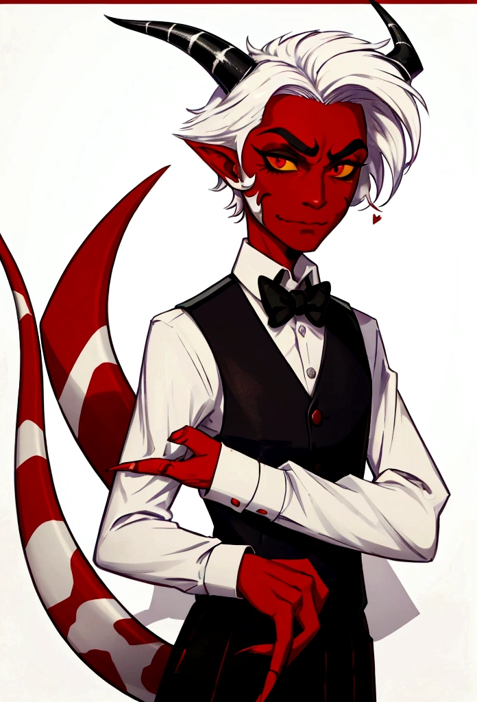 (masterpiece), best quality, expressive eyes, perfect face ,male focus, 1boy, solo, Red skin, white hair, tail, tall, imp, horns, red eye right eye, slacks, collars shirt, waistcoat, black sclera left eye dollar sign. helluva boss, Vivziepop style,
