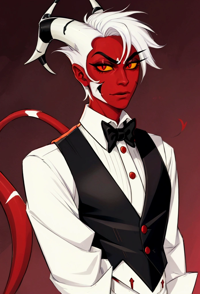 (masterpiece), best quality, expressive eyes, perfect face ,male focus, 1boy, solo, Red skin, white hair, tail, tall, imp, horns, red eye right eye, slacks, collars shirt, waistcoat, black sclera left eye dollar sign. helluva boss, Vivziepop style,
