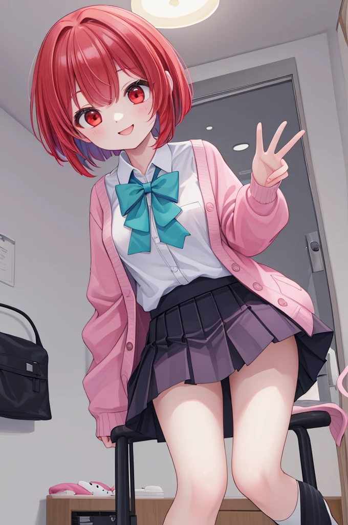 (The ultimate masterpiece), (Ultra HD), (Ultra-fine), High resolution, Ultimate beauty, High chroma, vivid,Girl,(pretty girl), Thighs, (cardigan), (skirt), Super Smile, Red hair,ショートBob，(Bob),Red Eyes ,Small breasts, Cute room，put one&#39;s hand between one&#39;s thighs