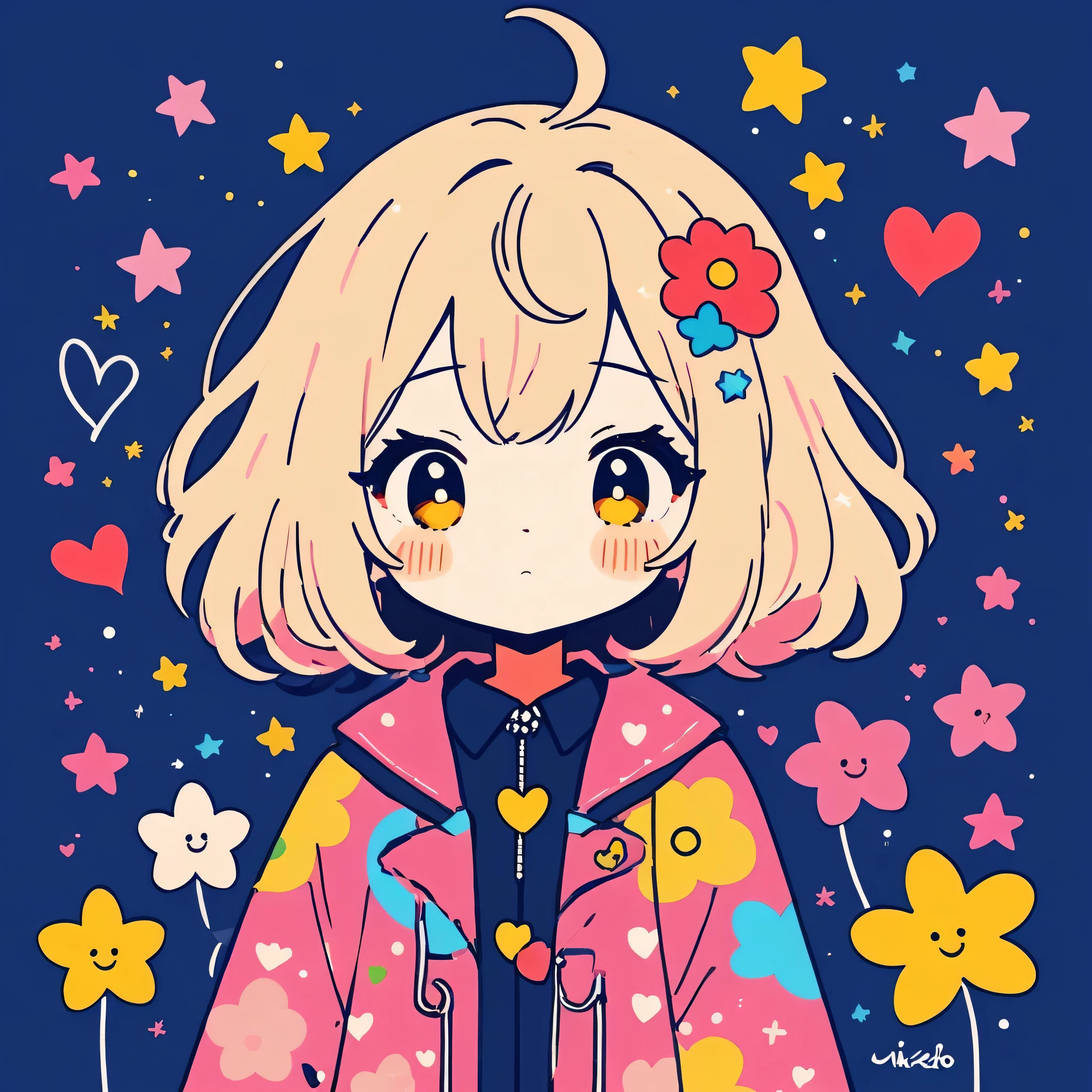Mika Pikazo style, Simple Line Initialism，Abstract art，Kawaii Design, The most beautiful girl of all time、chibi, The background is star dust, colorful hearts, colorful flowers, (((nap)))