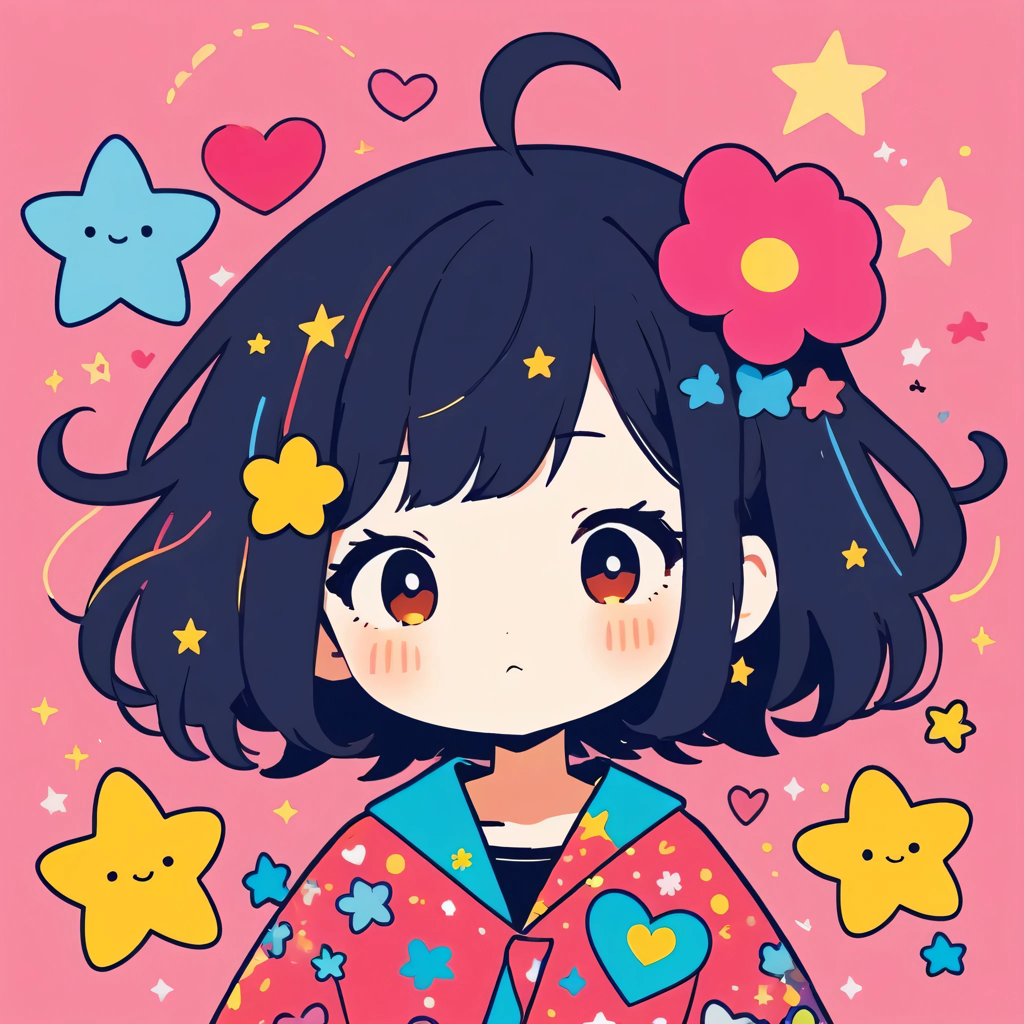 Mika Pikazo style, Simple Line Initialism,Abstract art,Kawaii Design, The most beautiful girl of all time、chibi, The background is star dust, colorful hearts, colorful flowers, (((nap)))
