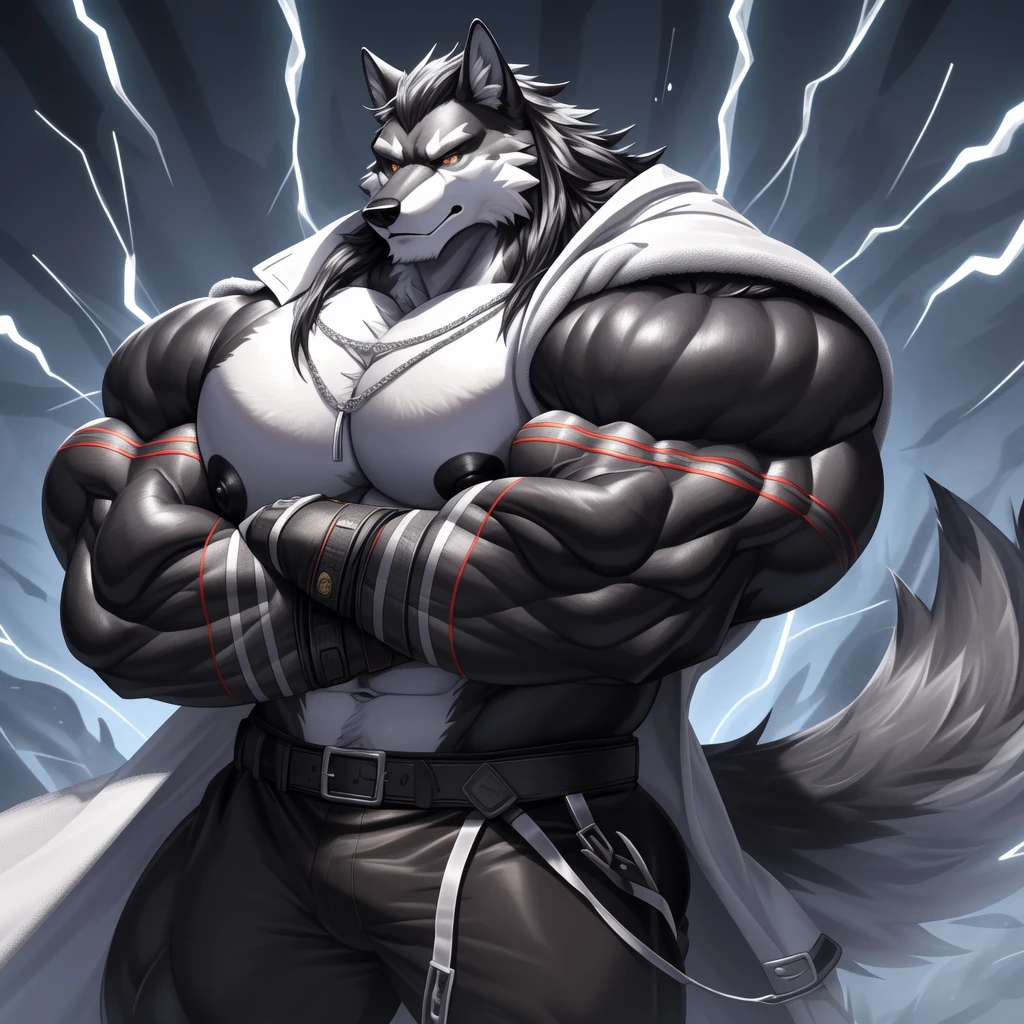 (upload on e621) (Masterpiece) (by Drks) (best quality) (ultra high res) 4K (8k HD) 2D (perfect anatomy) (digital art) (official art) (extreme detailed) (ultra detailed) (strapsanime) color (soft shading) (sharp focus) (forest woods background) 1man black body fur silver belly detailed fluffy fur (ultra detailed face) (detailed eyes:1.0) (detailed iris eyes:1.0) (detailed golden yellow eyes:1.0) (white sclera) (black pupils) big navel abs bare pectoral (((silver tuft on his chest))) (((huge black shiny nipples))) black claw nails furry wolf male mature male dark black giant bulky muscular body fur giant size canid (((huge muscles))) (((hyper muscles:1.3))) huge pecs (((oversize pecs:1.3))) huge biceps (((giant biceps:1.3))) (((fullbody:1.4))) canine canis mammal powerful wolf god wolf male fierce face badass wolf anthro solo standing (((wearing black full complete sleeveless long trench coat:1.2))) (((dark black longest flowing length hair:1.3))) (((dark black longest flowing length back fur hair:1.3))) (((dark black longest length hair fur front lay on pecs:1.3))) (((best longest dark black flowing hair:1.3))) (((perfect fingers))) (((five fingers))) dark black hands and fingers (((wearing black and silver fingerless gloves))) (((black arm bands on his biceps:1.4))) (((three black arm bands on his forearms:1.4))) (((black huge bead necklaces:1.3))) (((black huge longer bead necklaces around neck to pecs:1.3))) (((dark black and silver underside long wolf tail))) (((black and silver long pants with silver lines with belt straps on both legs))) (((silver electricity and wind aura flow entire body))) (((crossed arm pose)))
