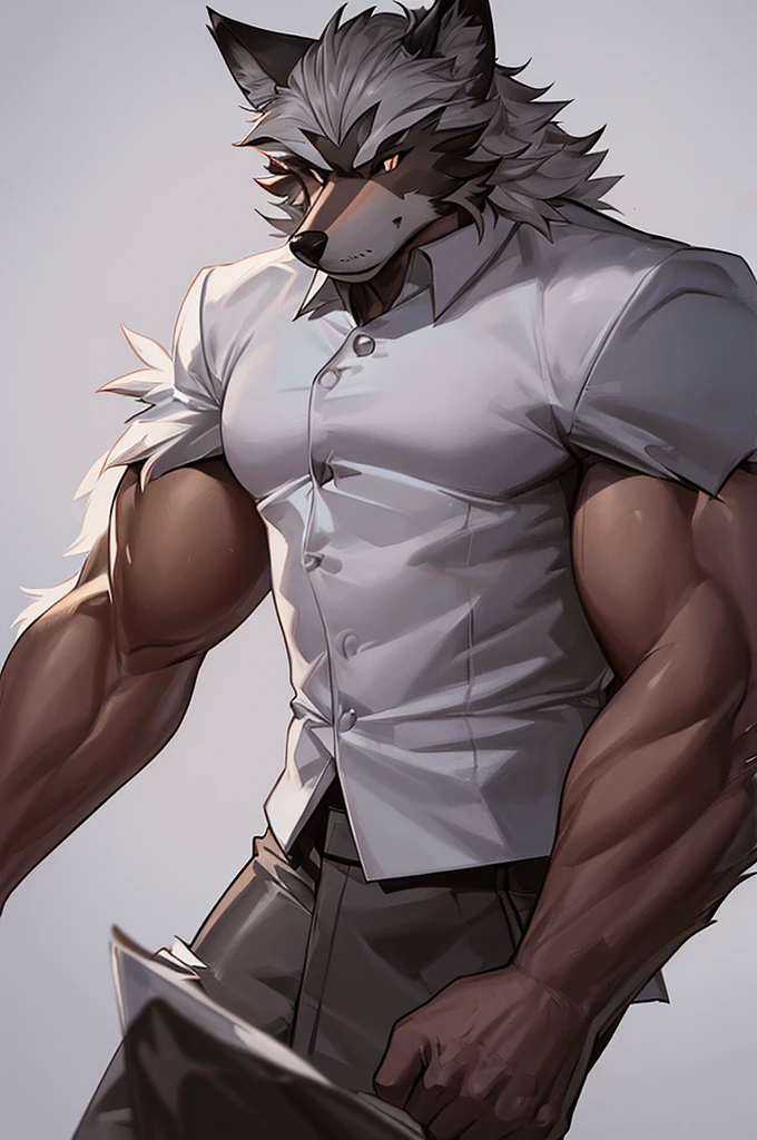 A muscular furry werewolf, black fur, chocolate brown eyes, wearing a white suit, detailed face and body, photorealistic, 8k, masterpiece, cinematic lighting, highly detailed, realistic textures, cinematic composition, dramatic lighting, moody atmosphere