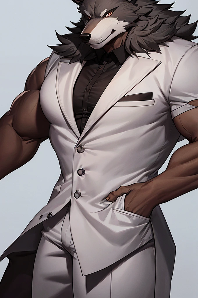 A muscular furry werewolf, black fur, chocolate brown eyes, wearing a white suit, detailed face and body, photorealistic, 8k, masterpiece, cinematic lighting, highly detailed, realistic textures, cinematic composition, dramatic lighting, moody atmosphere
