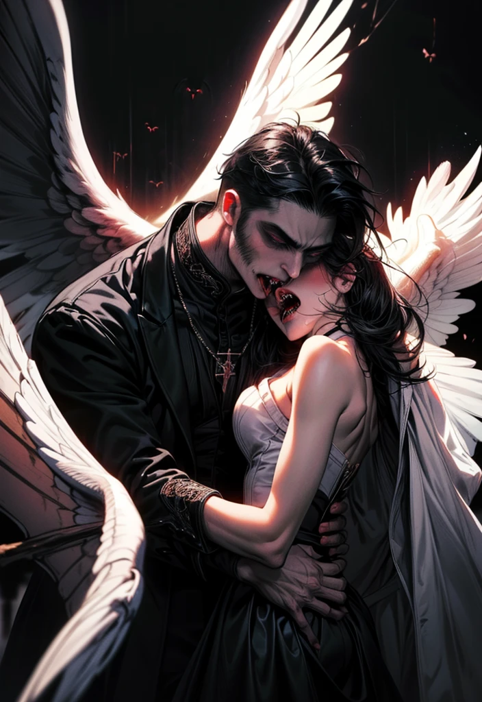 (masterpiece, top quality, best quality, official art, beautiful and aesthetic:1.2), extreme detailed, (fractal art), (black and white:1.5), (a vampire girl biting a neck of angel man in all black:1.5), (embracing), (tragic), large angel wings, dynamic angel, long hair flowing, occult, (oil painting), gloomy, holy, black background, side view