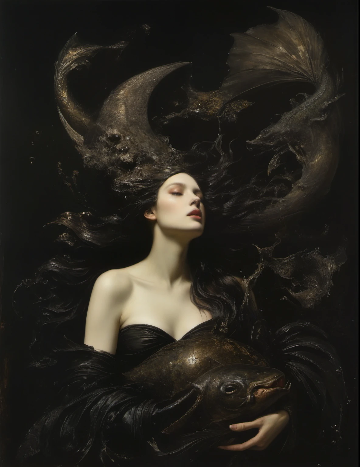 James Gurney, Surrealist art , dream-like, mysterious, Provocative, symbolic, Complex, detailed,, (Gothic but very beautiful:1.4), (masterpiece, Highest quality:1.4) , Nicola Samori Style, Beautiful black-winged mermaid from the underworld