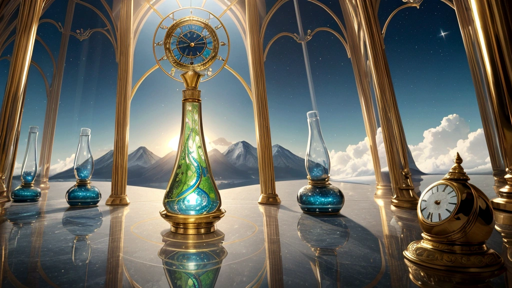 "Description: Show believers of diverse backgrounds engaging in daily activities with a sense of purpose and devotion, reflecting their anticipation of eternity.
Details: Use a mix of serene and dynamic colors to depict both the tranquility and energy of a life lived in anticipation of eternity. Include symbols like clocks or hourglasses subtly integrated into the scene to represent the passage of time and the focus on eternal values. This visual should capture how the promise of eternal life shapes everyday actions and decisions."