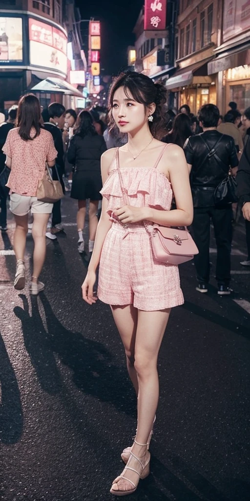 Beautiful woman, street at night with lights, fiddling with smartphone, hot pants, fragrant pink flowers, passers-by, gradation of night scene, fine details, subtle tones, tranquility floating on the screen.