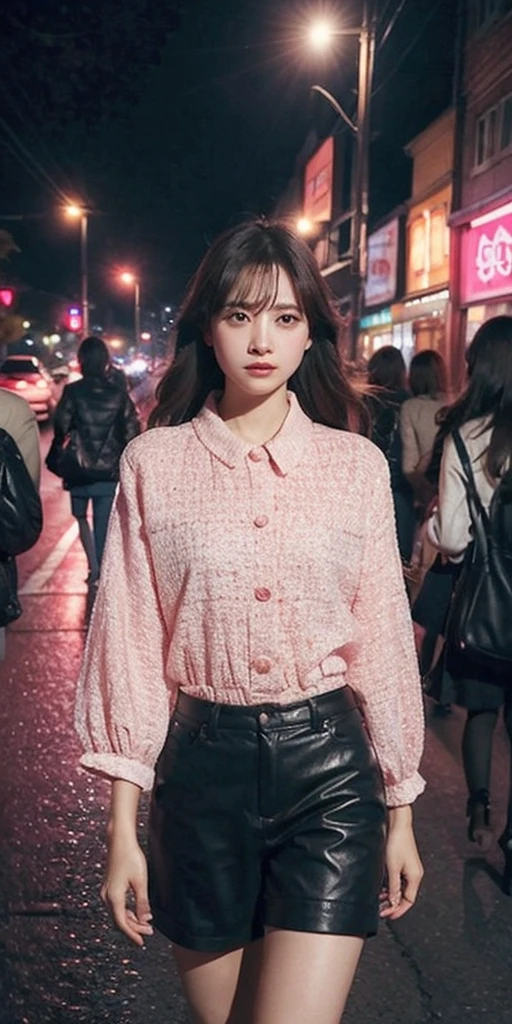 Beautiful woman, street at night with lights, fiddling with smartphone, hot pants, fragrant pink flowers, passers-by, gradation of night scene, fine details, subtle tones, tranquility floating on the screen.  