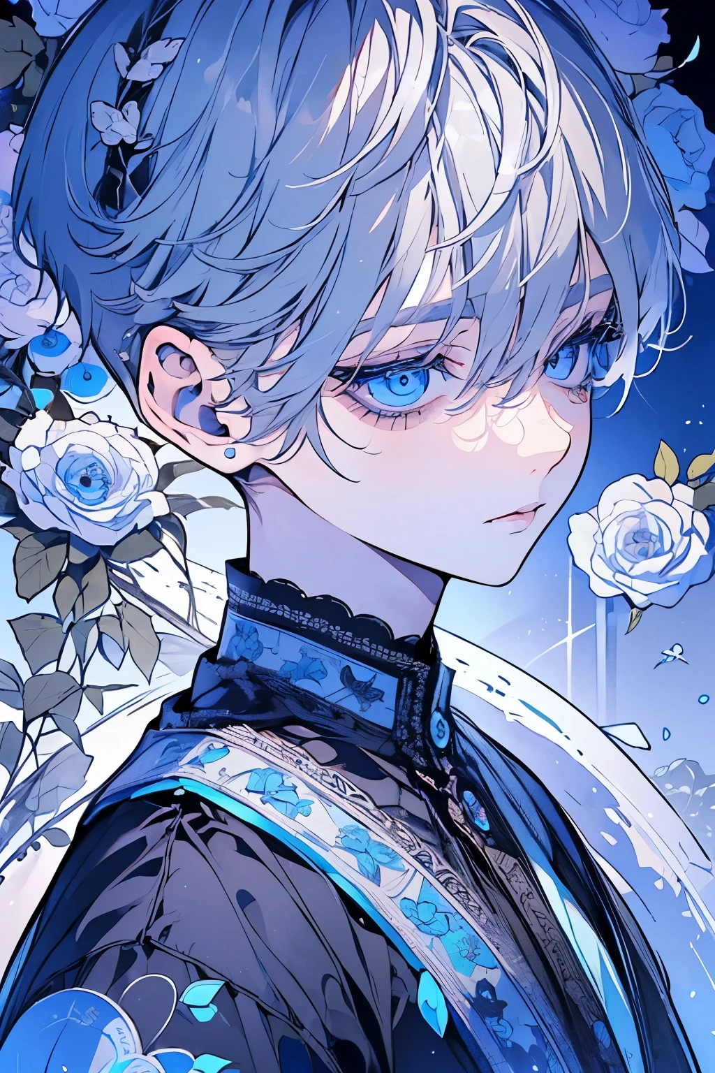 (Mastepiece), (Best Quality), Very detailed, 1 boy, Solo Shooting, Perfect Face, Beautiful Face, Very detailedな顔,(Gray Hair:1.3),(short hair:1.4)、(Big eyes:1.4),(Long eyelashes:1.4)、(Light blue eyes:1.3)、Black clothes、Lots of flowers、petal