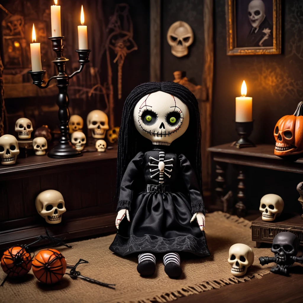 (knitted toy voodoo doll:1.7), (Voodoo Doll in an Addams Family Setting:1.3), (Clothing: gothic attire with a spider web pattern:1.0), (Accessories: enchanted skull emitting a spooky glow, floating haunted objects:1.1), (background: eerie mansion with cobwebs, creepy decor, and an atmosphere of dark humor:1.2), best quality, masterpiece, detailed soft oil painting, detailed background, dramatic cinematic lighting, soft edge lighting, professional, dramatic lighting, hard edge lighting, ultra quality, 4k, masterpiece, best quality, 8k, ultra high definition, high resolution, extremely detailed